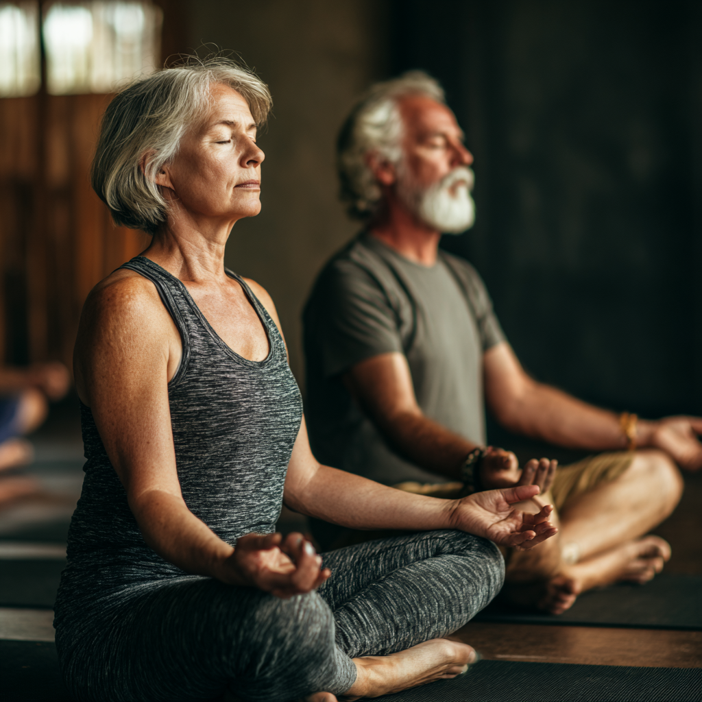 Mature adults in peaceful meditation pose during yoga session